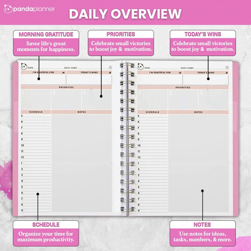 Panda Planner 2026 Undated Daily Planner with Hourly Schedule 5.75" x 8.25" â€“ 90 Days Daily Journal with Spiral Binding â€“ To Do List Notebook with Habit Tracker for Home/Office Supplies â€“ Pink - Image 2